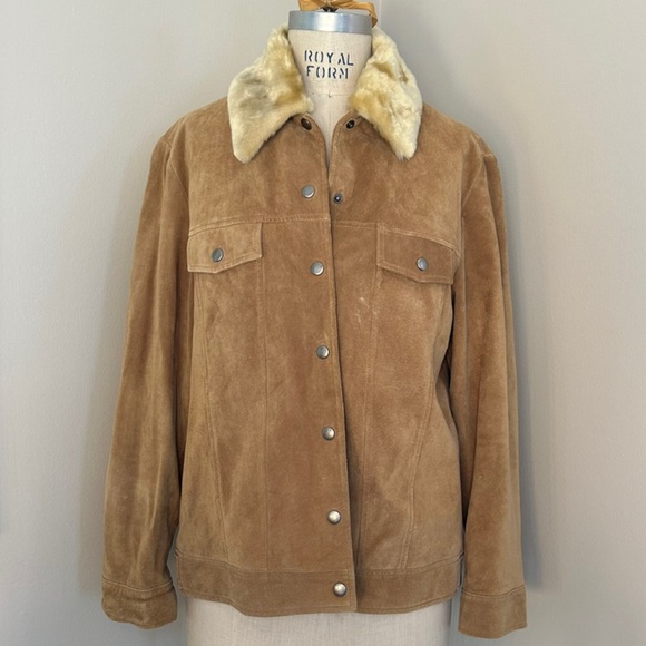 VTG 90s Suede Jacket Dennis Basso 100% Leather Tan Detachable Fur Collar Sz S - Picture 4 of 5